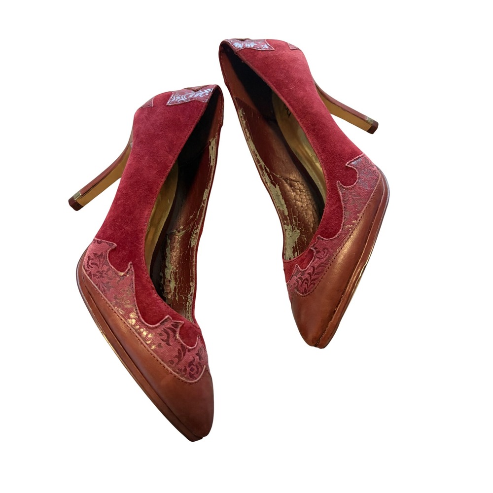 Reba McEntire Western Suede Leather Stiletto Pumps Burgundy Cognac Size 8